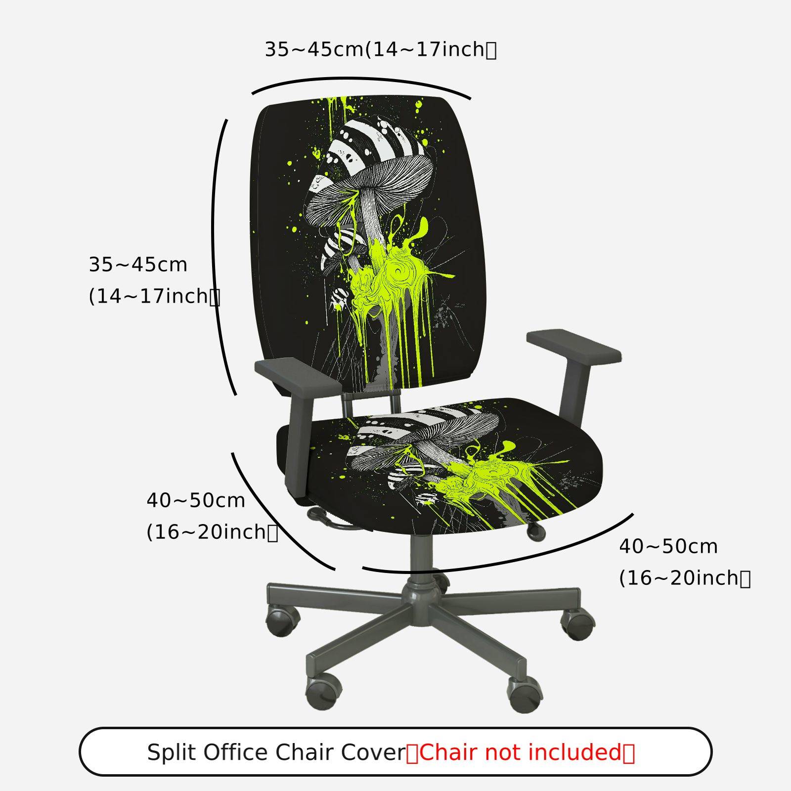 2-Piece Abstract Psychedelic Mushroom Art Green Splash Black  Computer Chair Cover Set, Seat and Backrest