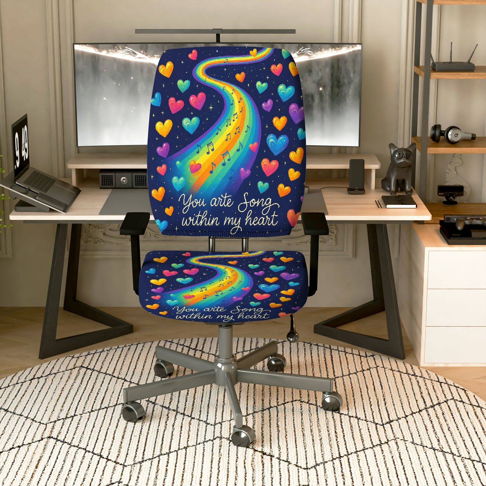 2-Piece Artistic Colorful Heart Rainbow Music Inspirational  Computer Chair Cover Set, Seat and Backrest