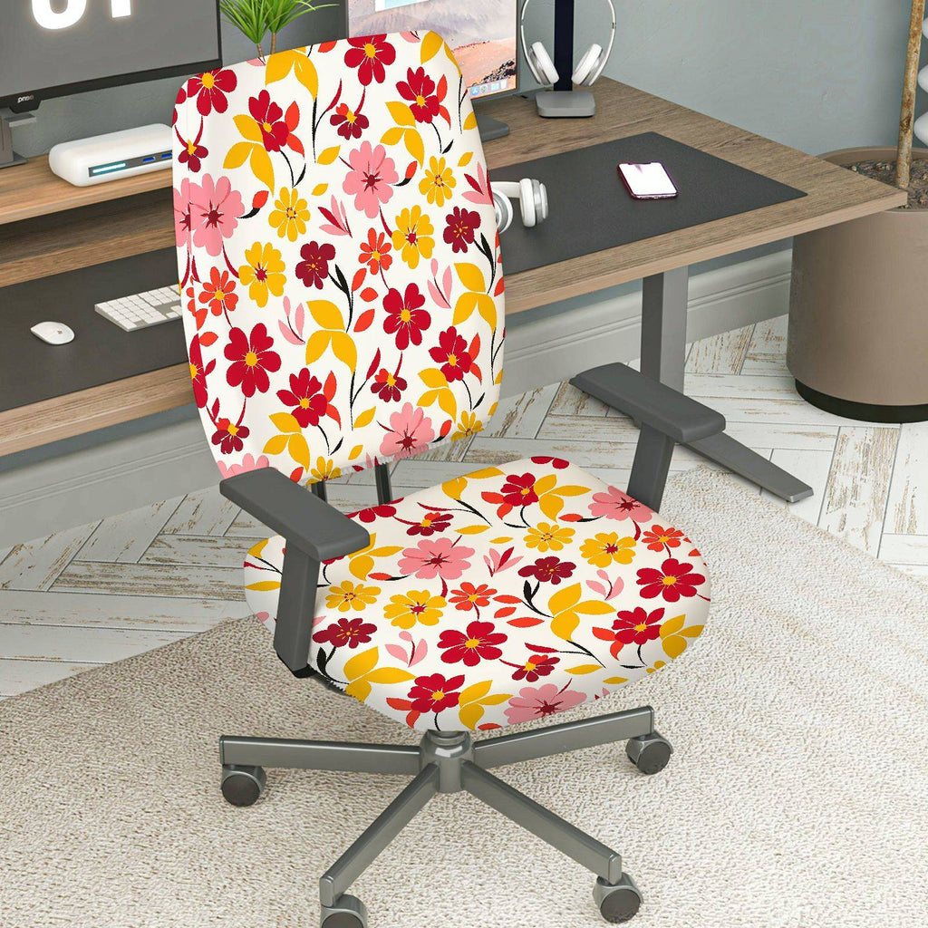 2-Piece Floral Pattern Red Yellow Pink Decorative  Computer Chair Cover Set, Seat and Backrest