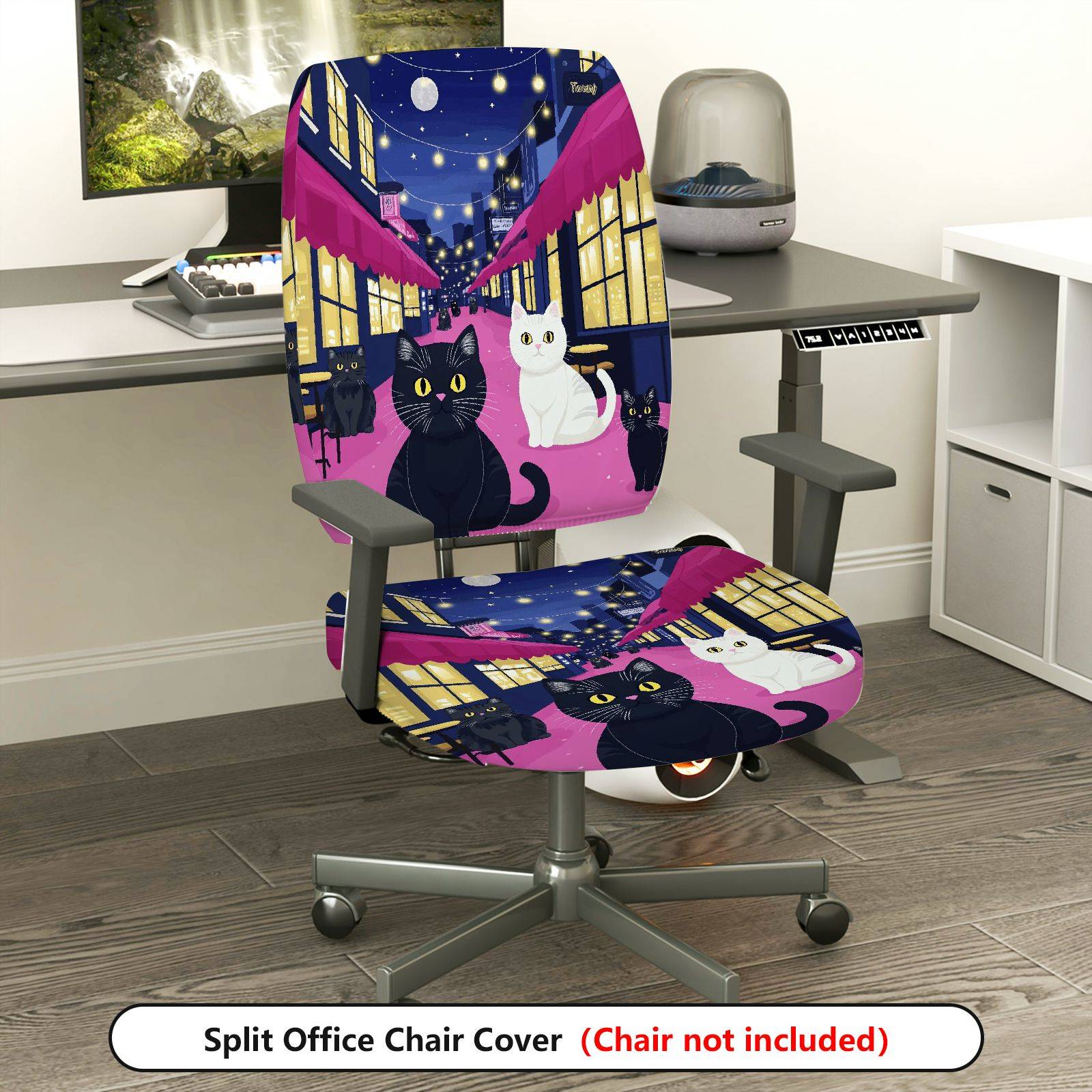 2-Piece Cat Night Street Black White Moonlight  Computer Chair Cover Set, Seat and Backrest