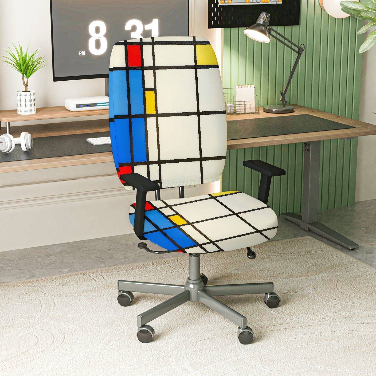 2-Piece Geometric Abstract Colorful Modern Artistic Trendy  Computer Chair Cover Set, Seat and Backrest