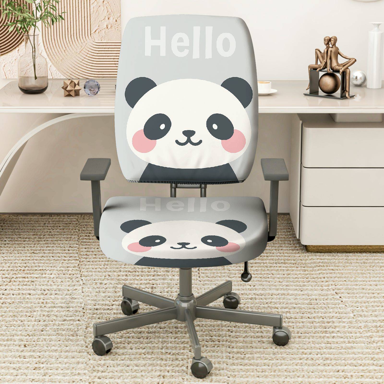 2-Piece Cute Panda Hello Animal Print  Computer Chair Cover Set, Seat and Backrest