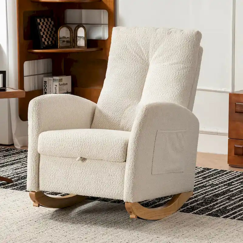 Beige Modern 35.8 High Back Rocking Chair with Footrest and Wood Legs