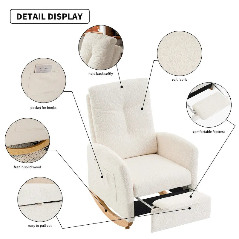 Beige Modern 35.8 High Back Rocking Chair with Footrest and Wood Legs