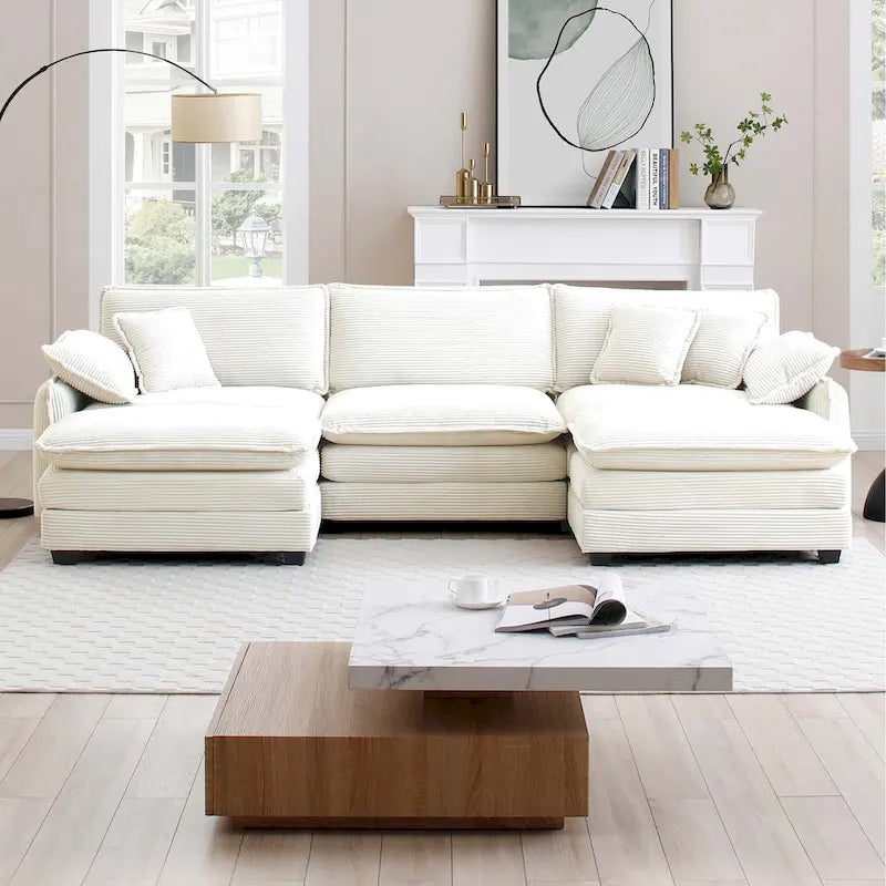 Beige 5-Piece Corduroy U-Shaped Modular Sectional Sofa with 2 Ottomans
