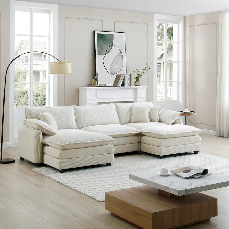 Beige 5-Piece Corduroy U-Shaped Modular Sectional Sofa with 2 Ottomans