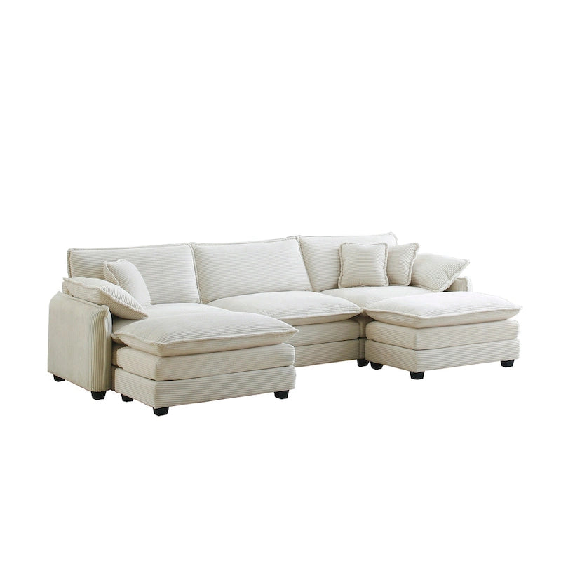 Beige 5-Piece Corduroy U-Shaped Modular Sectional Sofa with 2 Ottomans