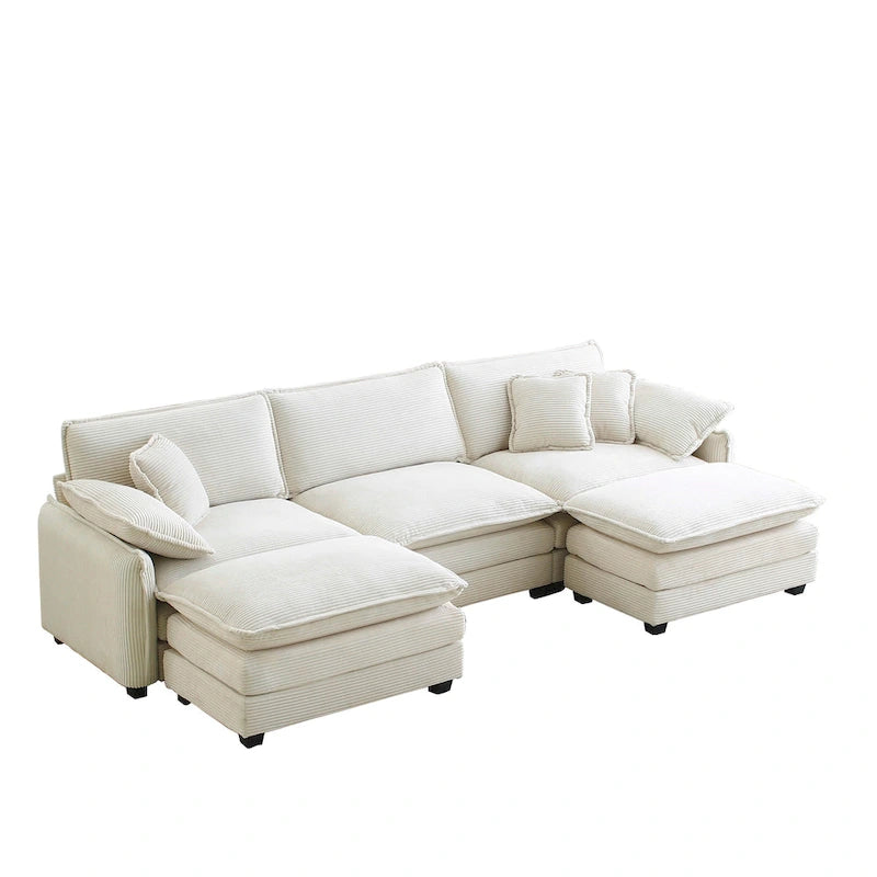 Beige 5-Piece Corduroy U-Shaped Modular Sectional Sofa with 2 Ottomans