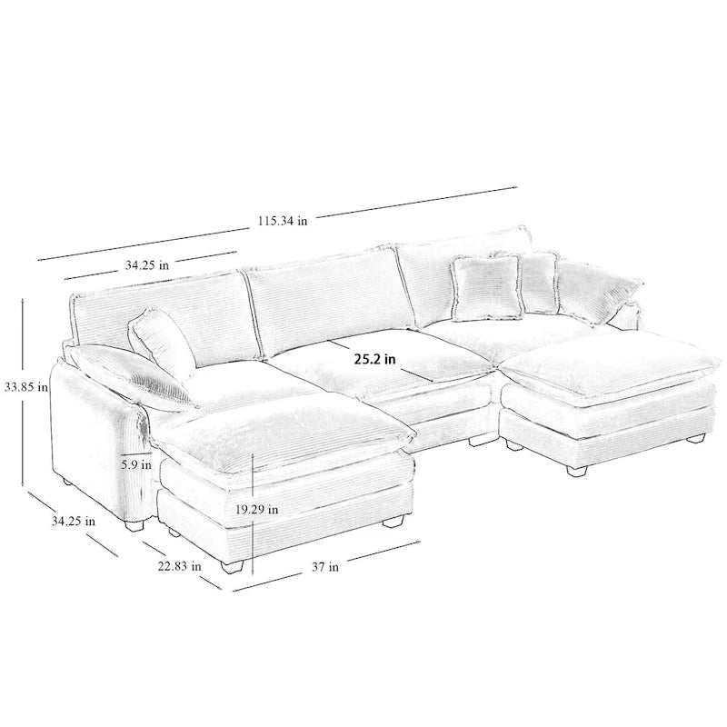 Beige 5-Piece Corduroy U-Shaped Modular Sectional Sofa with 2 Ottomans