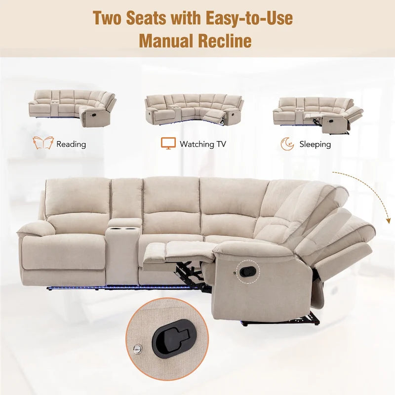 94.8 Modern Manual Reclining Living Room Furniture Set with USB Ports, Hidden Storage, LED Light Strip and 2 Cup Holders, Cream