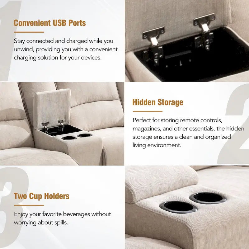 94.8 Modern Manual Reclining Living Room Furniture Set with USB Ports, Hidden Storage, LED Light Strip and 2 Cup Holders, Cream