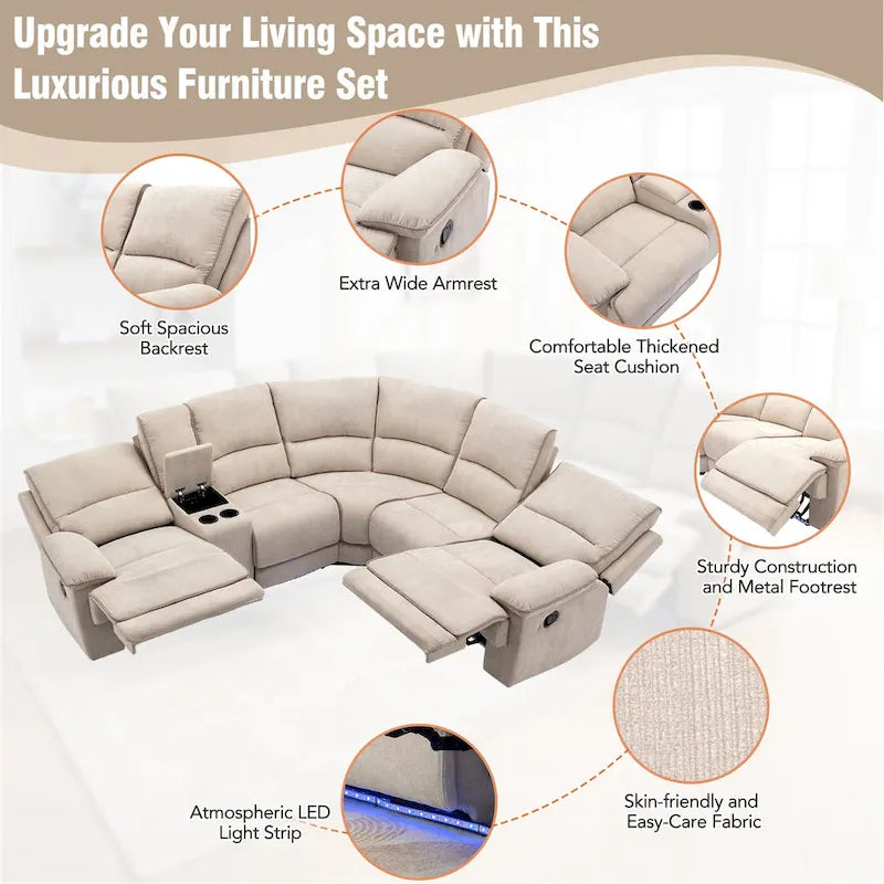 94.8 Modern Manual Reclining Living Room Furniture Set with USB Ports, Hidden Storage, LED Light Strip and 2 Cup Holders, Cream