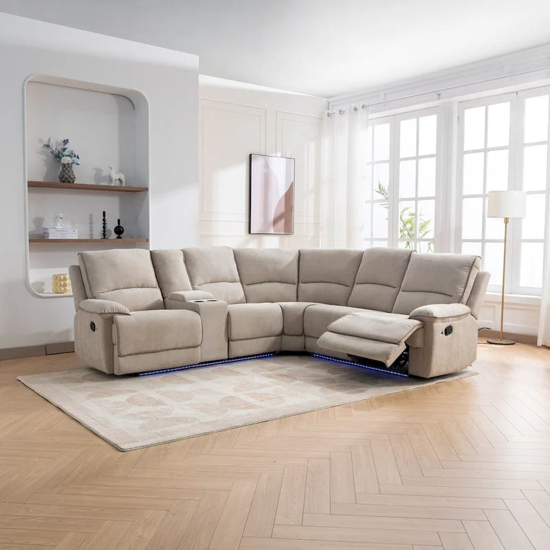 94.8 Modern Manual Reclining Living Room Furniture Set with USB Ports, Hidden Storage, LED Light Strip and 2 Cup Holders, Cream
