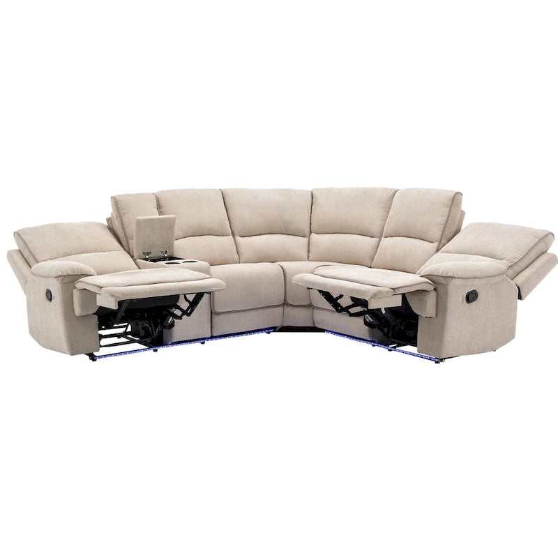 94.8 Modern Manual Reclining Living Room Furniture Set with USB Ports, Hidden Storage, LED Light Strip and 2 Cup Holders, Cream