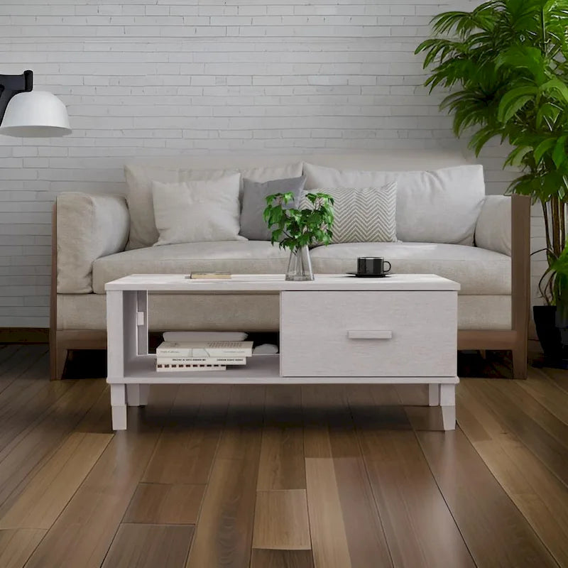 Coffee Table, Rectangular, Storage Drawer, White Solid Pine Wood