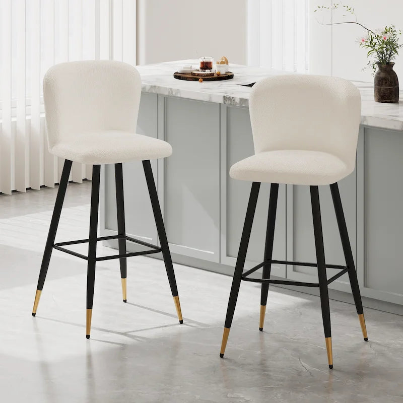 Roomfitters 30 Modern Barstool, White Seat with Black Metal Legs and Gold-Tipped Ends, Contemporary Bar Chair, White