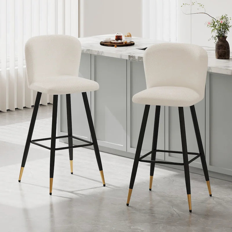 Roomfitters 30 Modern Barstool, White Seat with Black Metal Legs and Gold-Tipped Ends, Contemporary Bar Chair, White