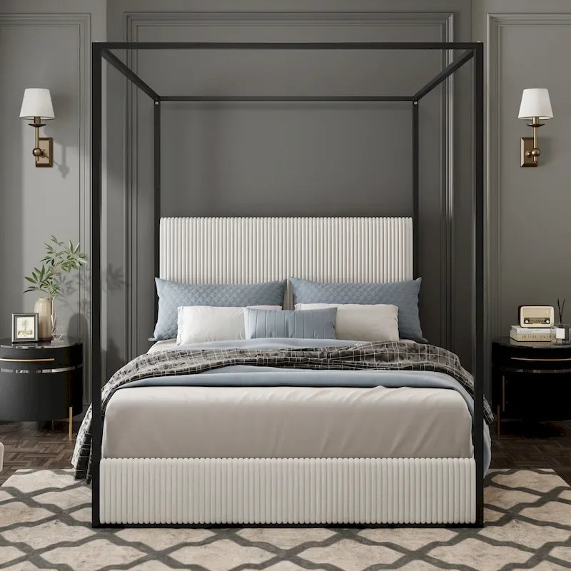 Contemporary Corduroy Upholstered Canopy Bed with Tall Headboard & Sleek Metal Frame
