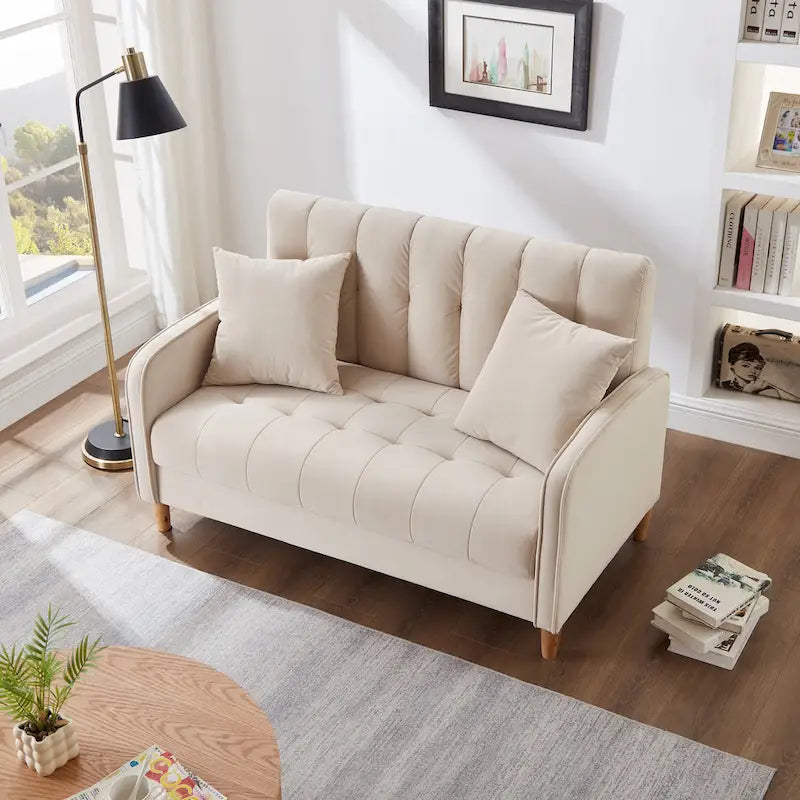 Modern Design Couch For Living Room Department Small Space Loveseat Smooth Velvet Upholstered Tufted Sofa Beige