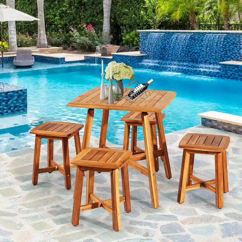 Costway 5PCS Acacia Patio Dining Set W/Square Table & 4 Stools Reddish