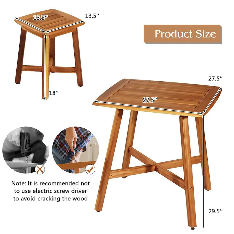 Costway 5PCS Acacia Patio Dining Set W/Square Table & 4 Stools Reddish