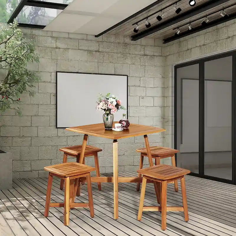 Costway 5PCS Acacia Patio Dining Set W/Square Table & 4 Stools Reddish