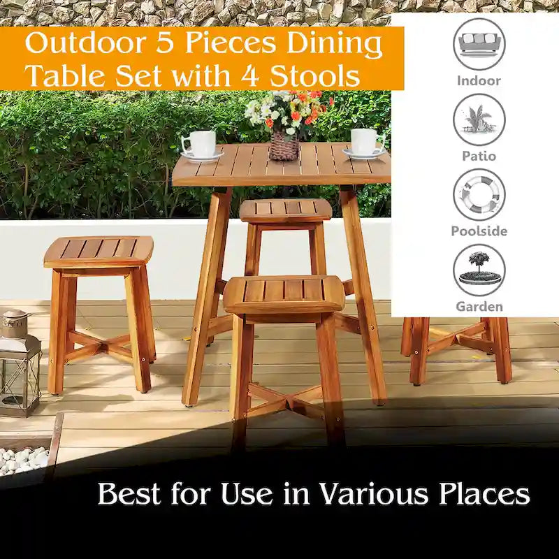Costway 5PCS Acacia Patio Dining Set W/Square Table & 4 Stools Reddish