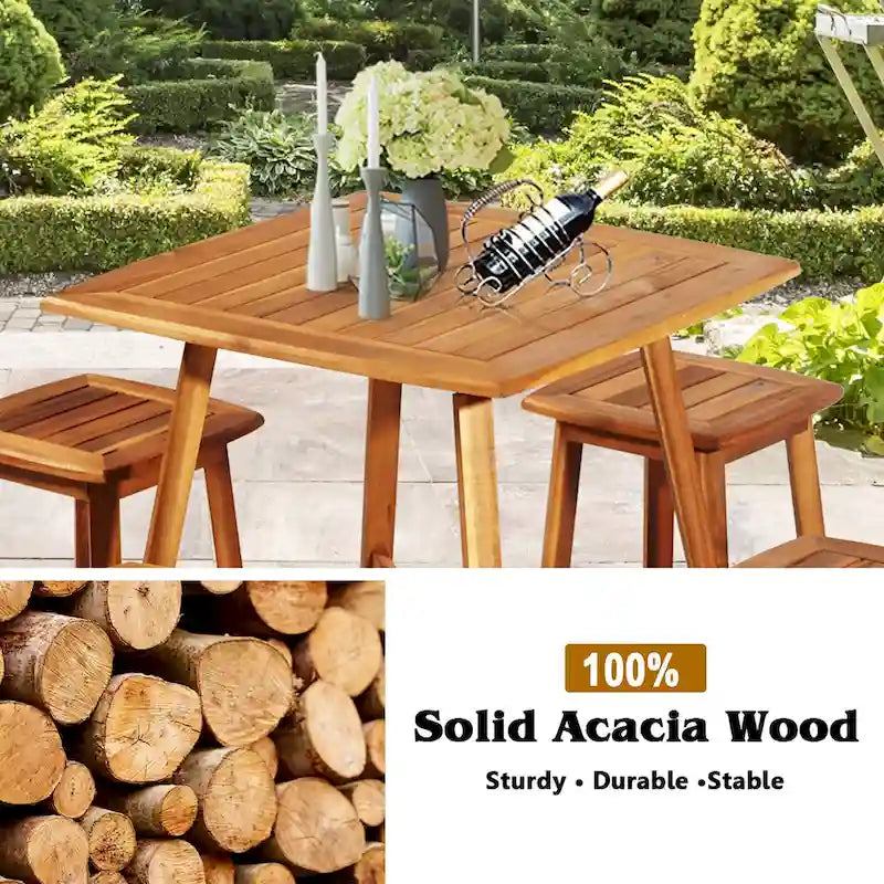 Costway 5PCS Acacia Patio Dining Set W/Square Table & 4 Stools Reddish