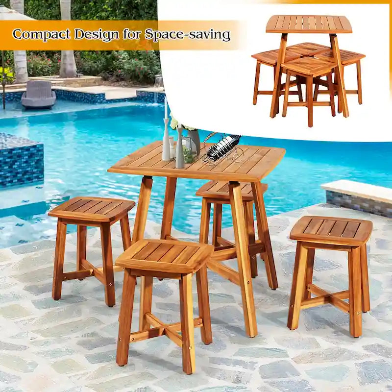 Costway 5PCS Acacia Patio Dining Set W/Square Table & 4 Stools Reddish