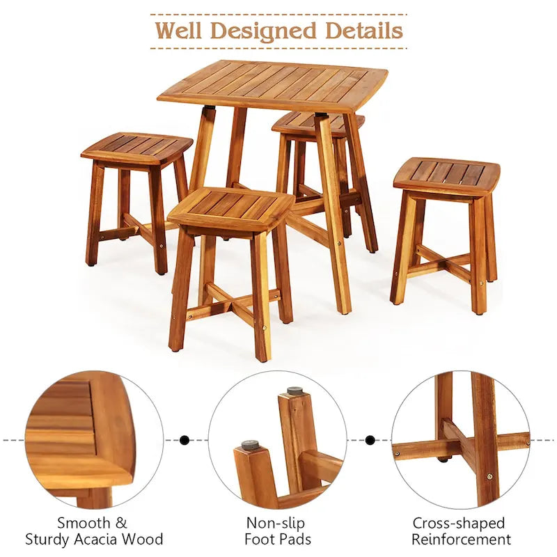 Costway 5PCS Acacia Patio Dining Set W/Square Table & 4 Stools Reddish
