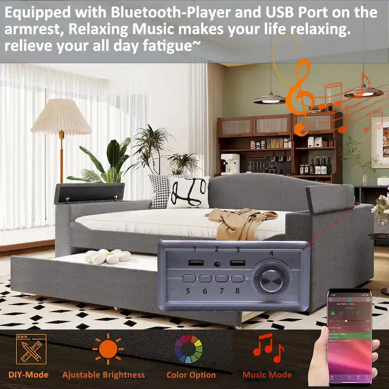 Twin Size Upholstered Daybed with Storage Armrests, Trundle and Latest Integrated Bluetooth Audio System, Teddy Fleece, Beige