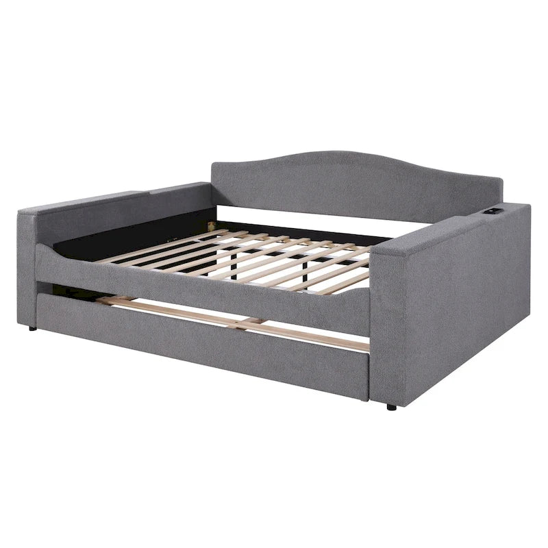 Twin Size Upholstered Daybed with Storage Armrests, Trundle and Latest Integrated Bluetooth Audio System, Teddy Fleece, Beige