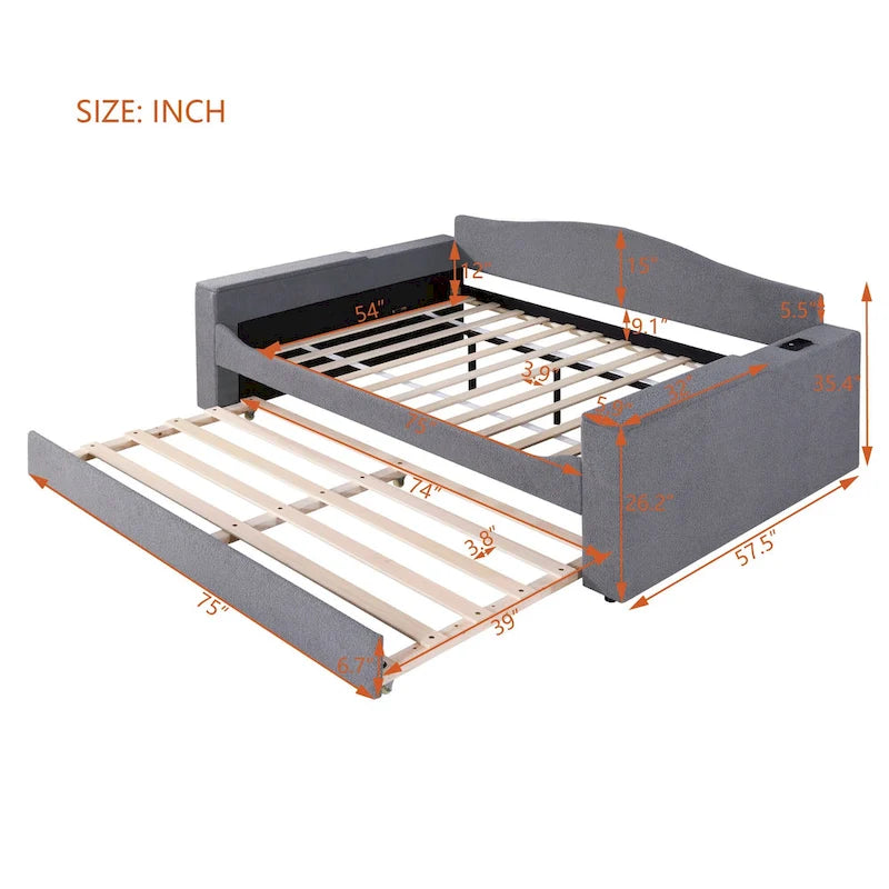 Twin Size Upholstered Daybed with Storage Armrests, Trundle and Latest Integrated Bluetooth Audio System, Teddy Fleece, Beige