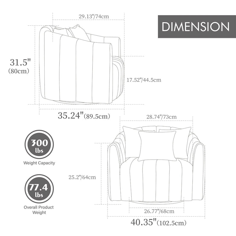 40.4W Upholstered Swivel Accent Chair Set of 2,Modern Swivel Single Sofa Chair with Pillows