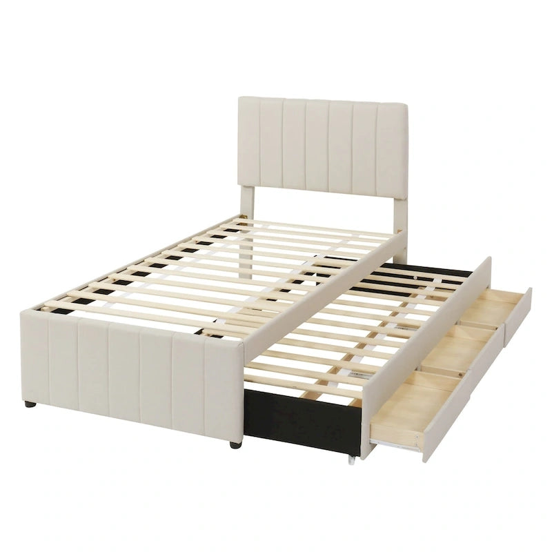 Twin Size Linen Upholstered Platform Bed Frame with Trundle & 3 Drawers
