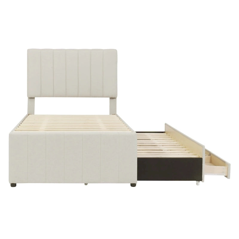 Twin Size Linen Upholstered Platform Bed Frame with Trundle & 3 Drawers