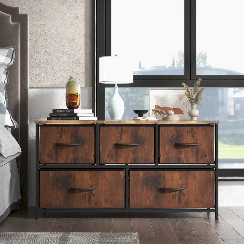5-Drawer Horizontal Dresser with Metal Handle, Metal Frame and Wood Top for Bedroom