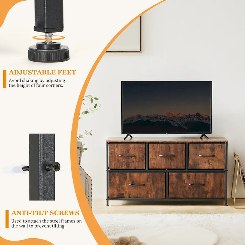 5-Drawer Horizontal Dresser with Metal Handle, Metal Frame and Wood Top for Bedroom