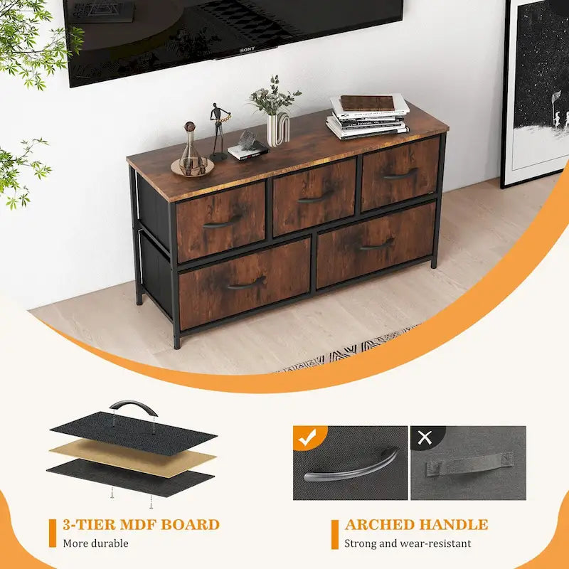 5-Drawer Horizontal Dresser with Metal Handle, Metal Frame and Wood Top for Bedroom