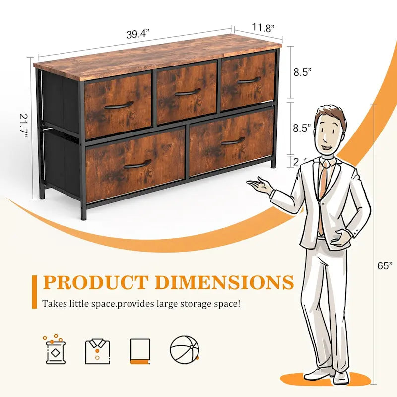 5-Drawer Horizontal Dresser with Metal Handle, Metal Frame and Wood Top for Bedroom