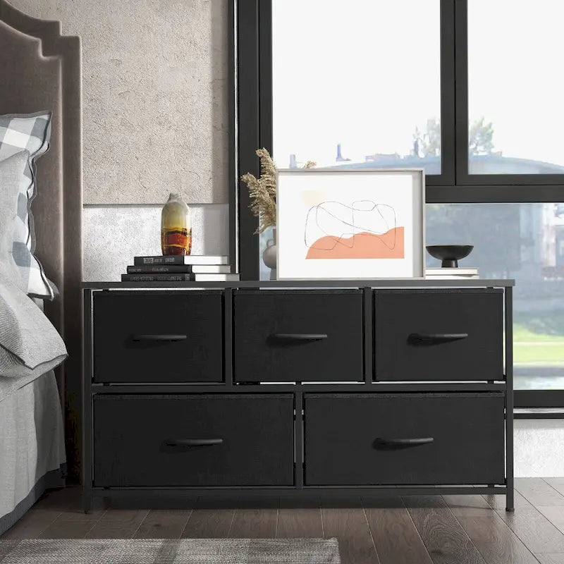 5-Drawer Horizontal Dresser with Metal Handle, Metal Frame and Wood Top for Bedroom