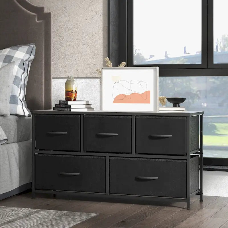 5-Drawer Horizontal Dresser with Metal Handle, Metal Frame and Wood Top for Bedroom