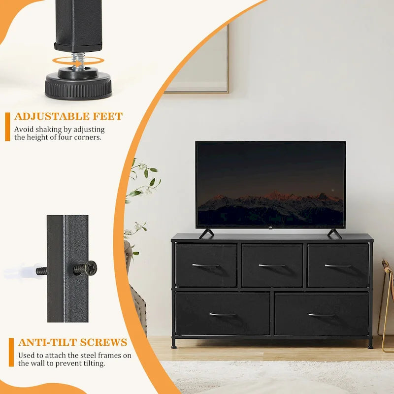 5-Drawer Horizontal Dresser with Metal Handle, Metal Frame and Wood Top for Bedroom