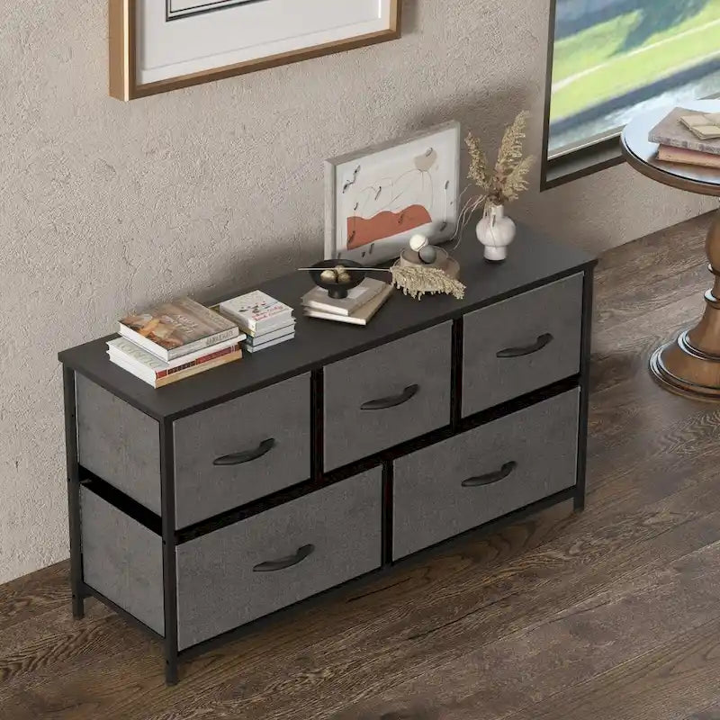 5-Drawer Horizontal Dresser with Metal Handle, Metal Frame and Wood Top for Bedroom
