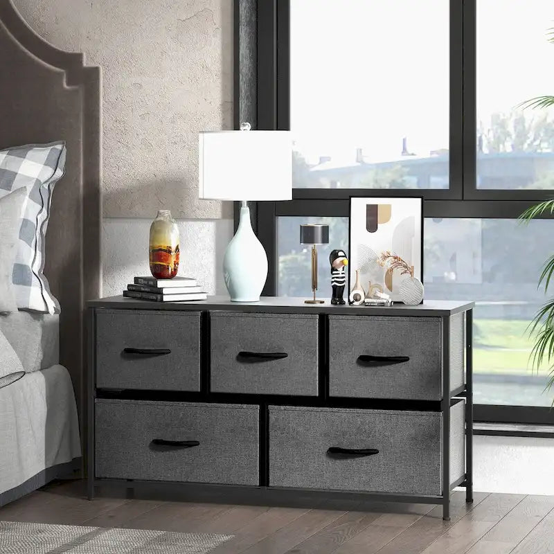 5-Drawer Horizontal Dresser with Metal Handle, Metal Frame and Wood Top for Bedroom