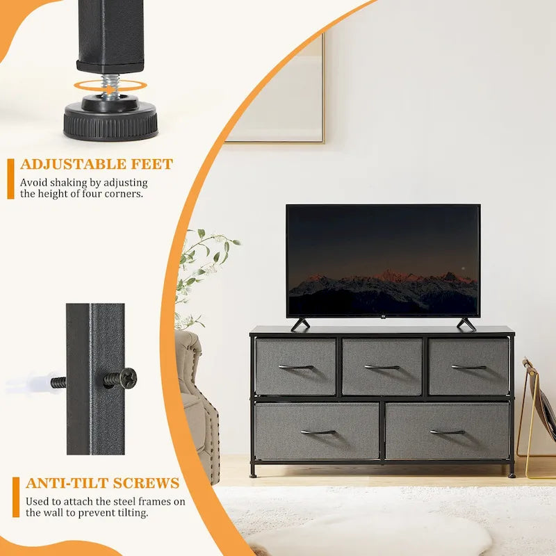 5-Drawer Horizontal Dresser with Metal Handle, Metal Frame and Wood Top for Bedroom