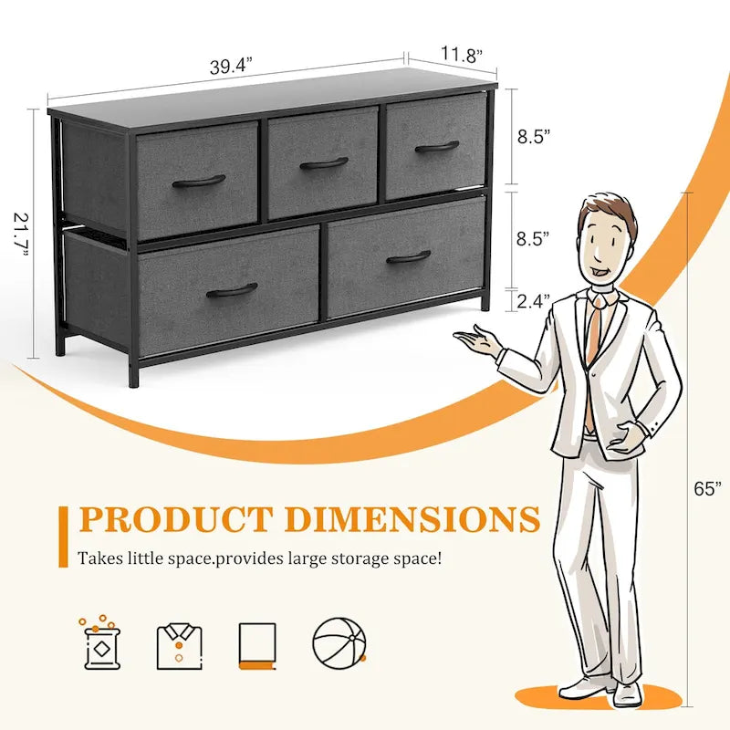 5-Drawer Horizontal Dresser with Metal Handle, Metal Frame and Wood Top for Bedroom