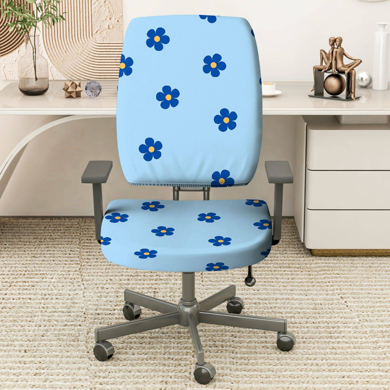 2-Piece Blue Flower Pattern Decorative  Computer Chair Cover Set, Seat and Backrest
