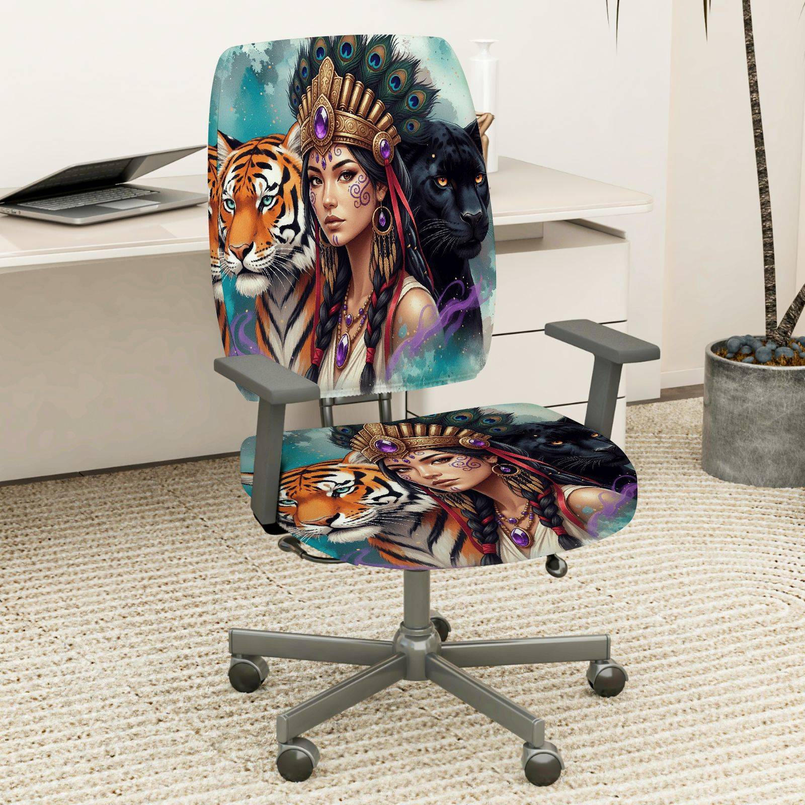 2-Piece Animal Art Tribal Peacock Panther Tiger  Computer Chair Cover Set, Seat and Backrest