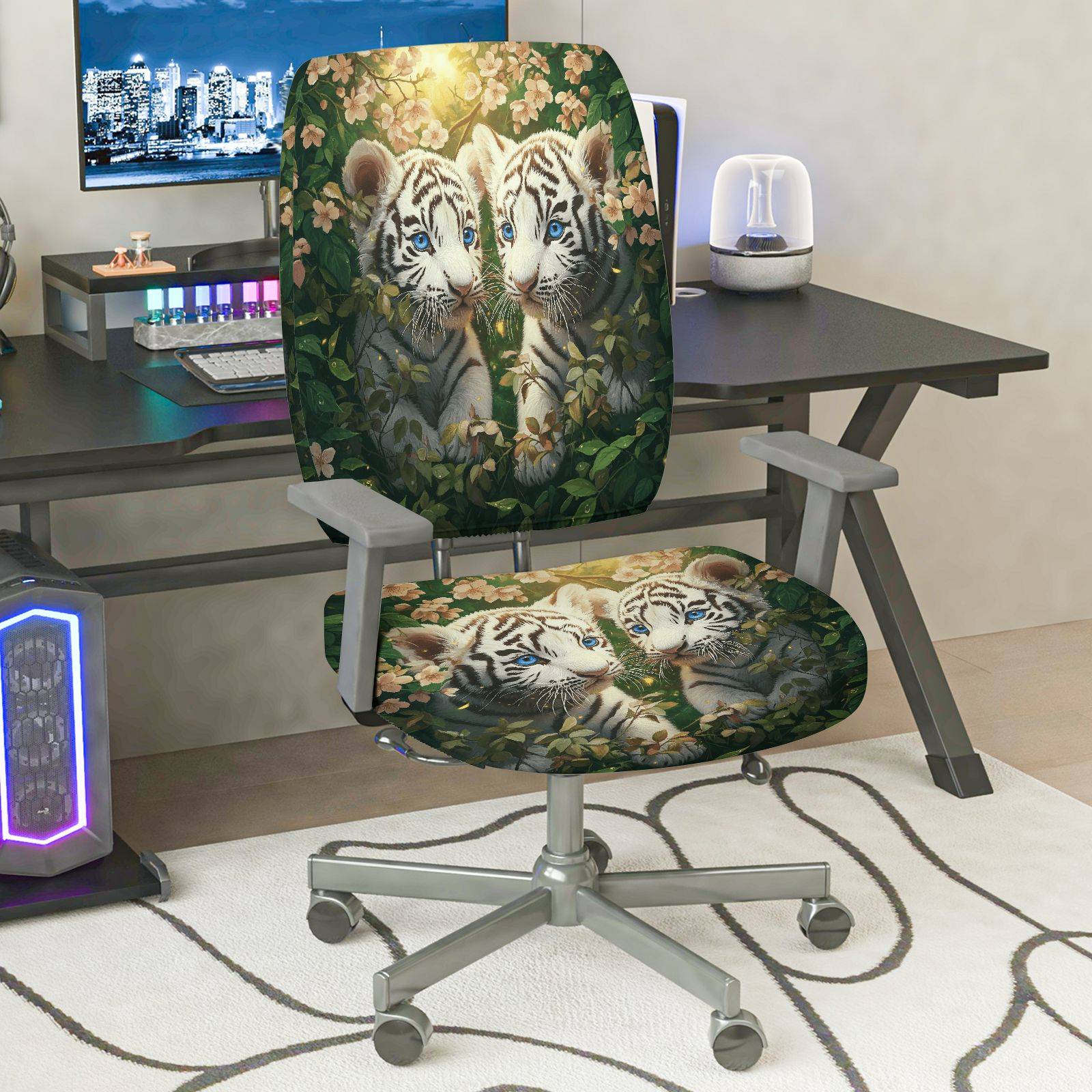 2-Piece Cute Animal Floral Nature Art Tiger  Computer Chair Cover Set, Seat and Backrest